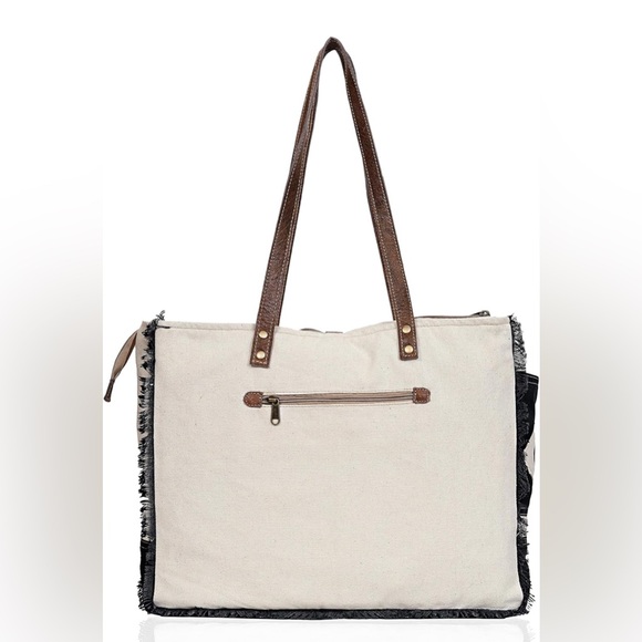 Cuero Leather Upcycled Canvas Black and Brown Tote Bag